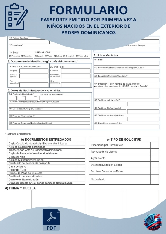 Pasaporte Emitido por Primera vez a niños Nacidos en el Exterior de Padres Dominicanos